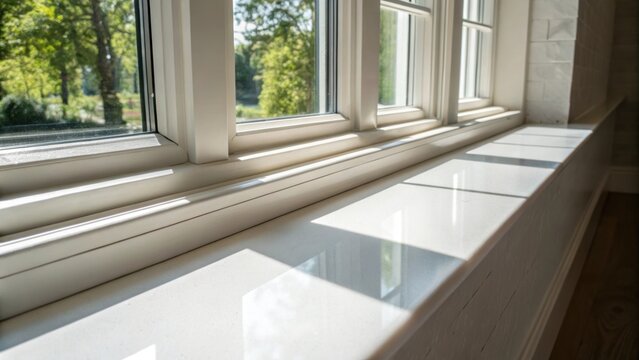 The beautiful interplay of sunlight and shadow accentuates the smoothness of the caulk along the window sill evoking a sense of tranquility within the renovated space.