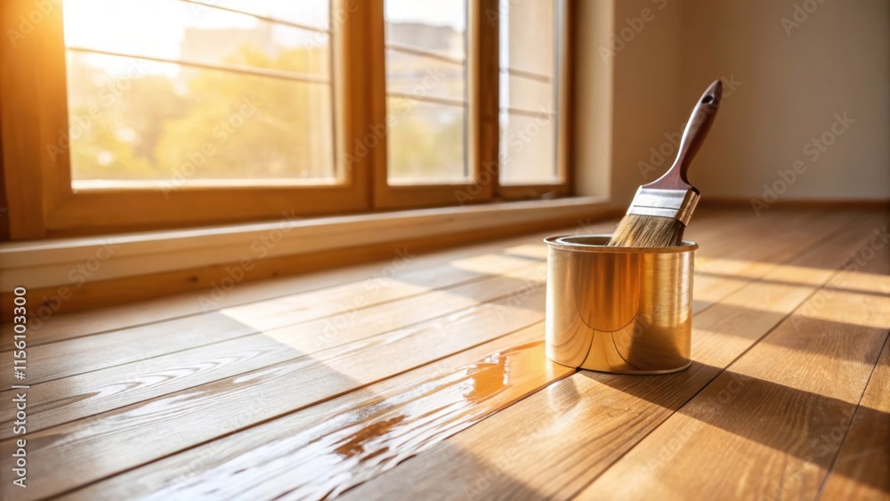 Aufkleber Sunlight filters in from a nearby window illuminating the newly sanded floors warm tones. A paintbrush lies immersed in a container of varnish creating a striking focal point in