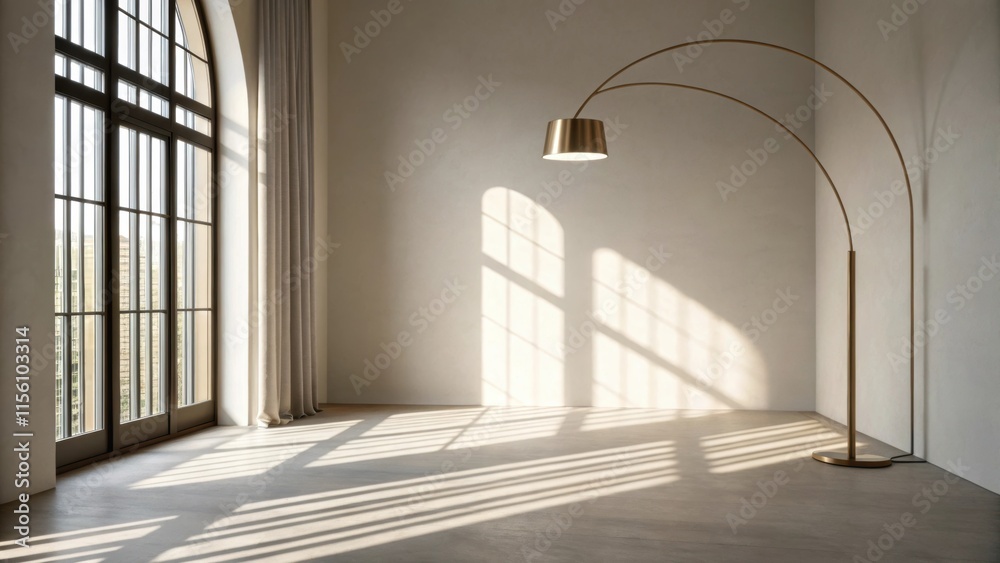 Poster Subtle shadows from an elegant arched floor lamp stretch across the empty room illuminating the space with a soft gentle light that beckons warmth into the minimalist design.
