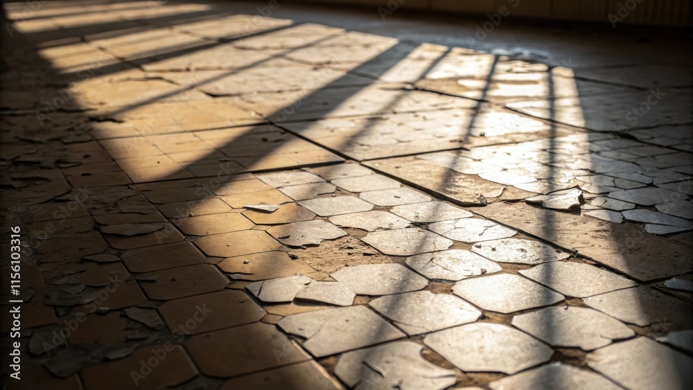 Poster sunlight casts gentle shadows on the irregularly shaped peeling remnants of the old floor tiles cont