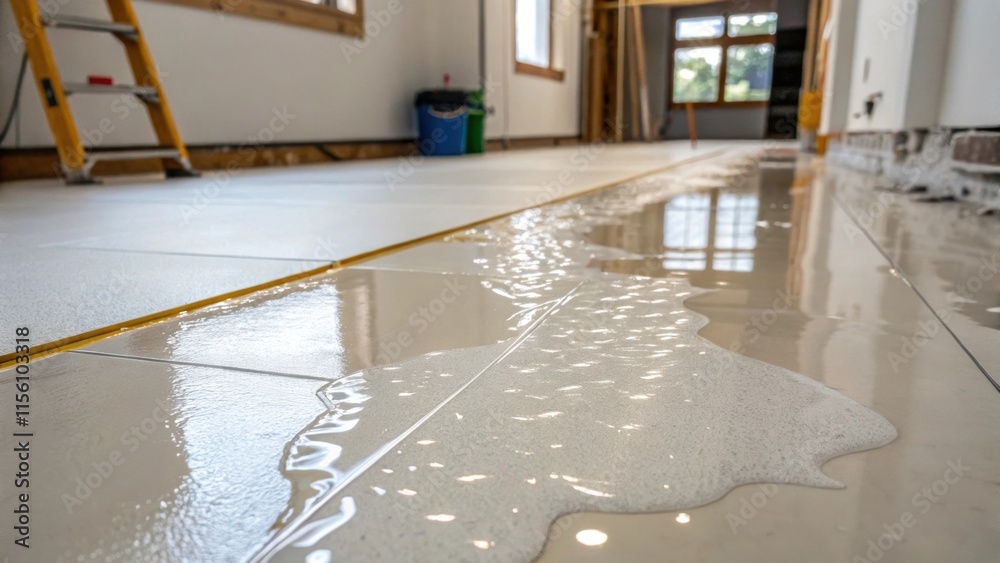 Poster Spilled adhesive glimmering under ambient light spreading in a thin layer on the pristine floor highlighting the precise moment of creative chaos amidst the ongoing renovation.