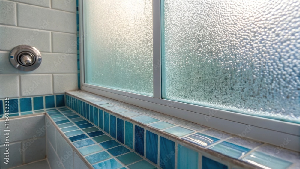 Poster Sparkling rectangular tiles in various shades of blue create a tranquil vibe while a brushed nickel drain reflects the soft light filtering through the frosted glass partition.