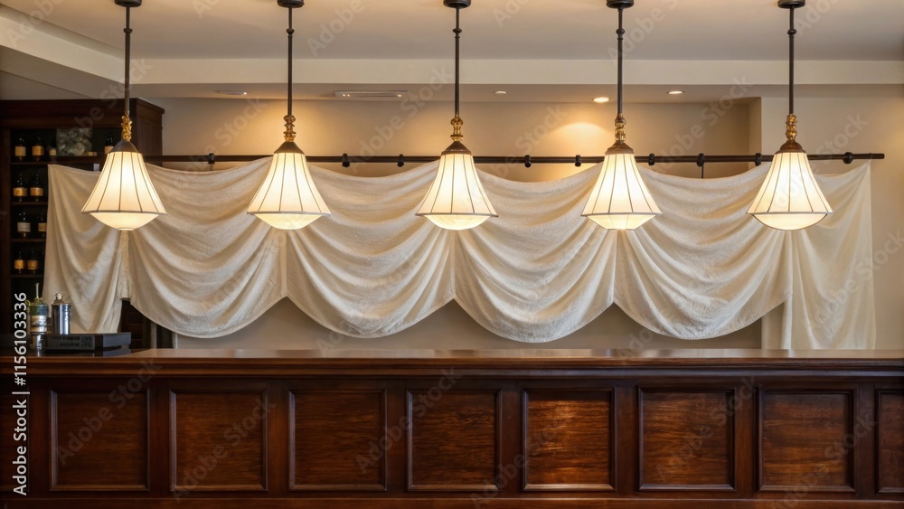 Aufkleber soft white fabricdraped pendant lights graciously hover over a rich mahogany countertop creating a w