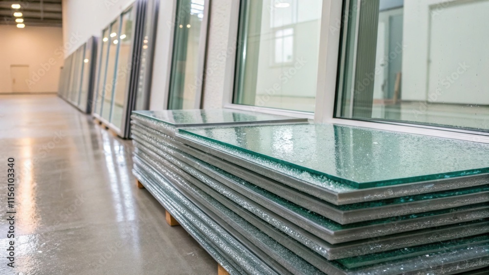 Aufkleber stacks of safety glass panes rest against the wall beside the sliding door each surface catching fli