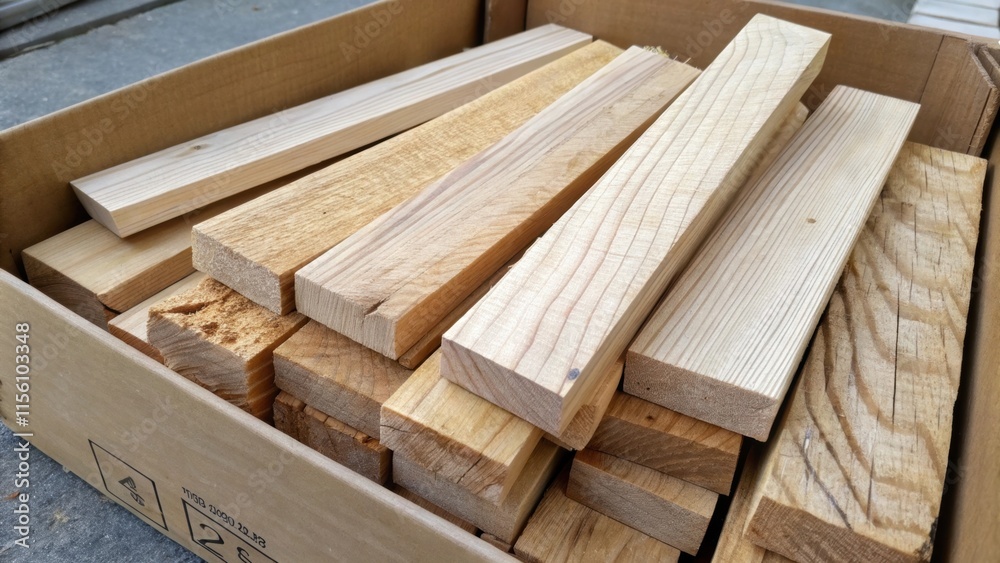 Poster Snippets of raw unfinished wood in varying lengths stacked within an unmarked box the grain pattern visible and hinting at the potential warmth they will bring once assembled.