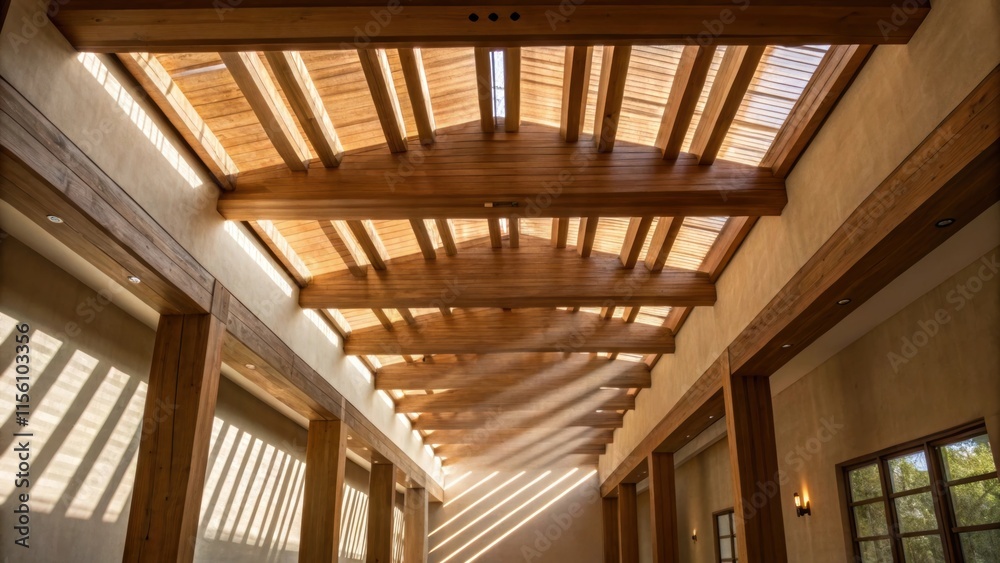 Poster Soft light streaming through the gaps between the beams illuminating the space and casting delicate shadows on the ceiling enhancing the sense of openness above.