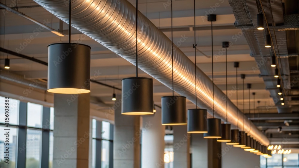 Fototapete sleek modern light fixtures hang down illuminating the open space below creating a warm glow that so