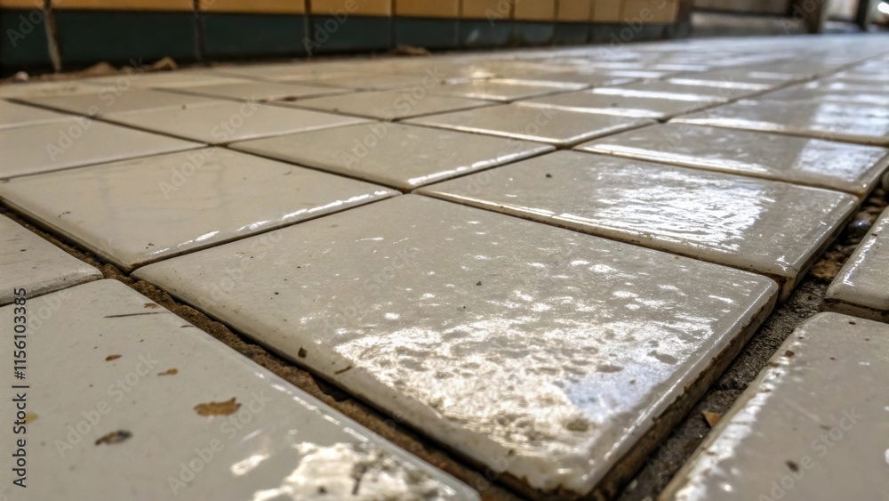 Poster shiny smooth edges of freshly discarded porcelain tiles reflect dim light emphasizing the wear and t