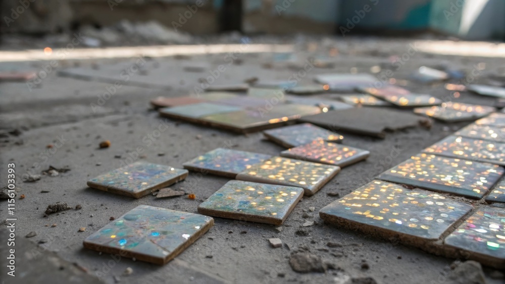 Poster Shimmering remnants of oncevibrant mosaic tiles lie tered their glossy edges reflecting light as they contrast against the dull gray underlayer of a demolished surface.