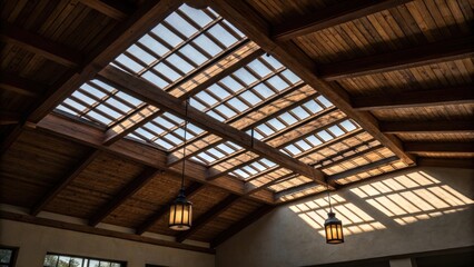 Shadows dance across the ceiling as the camera captures the interplay of light through a skylight highlighting the rugged beauty of the exposed beams.