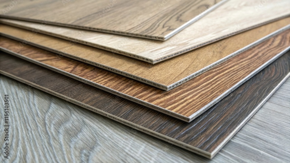 Poster macro shot of a stack of durable vinyl tiles each with a woodlike finish highlighting the fine grain