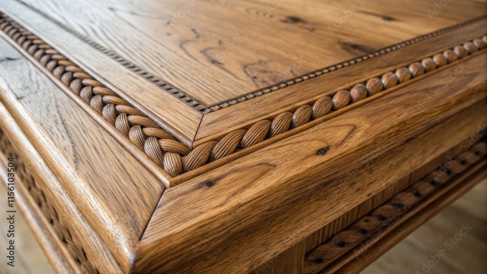 Poster Macro shot of a beautifully textured wooden panel revealing intricate knots and grain patterns its edges lightly reflecting the soft ambient light of the corner space.