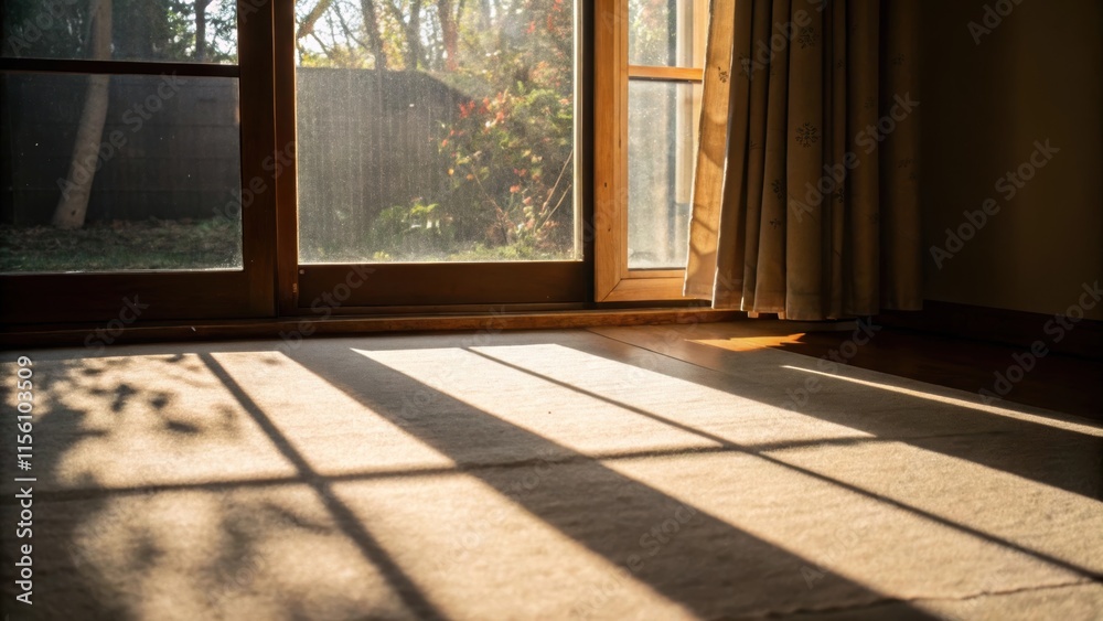 Poster Light streams through the window creating a playful interplay of shadows on the floor as the protective film filters the sunlight enhancing the warm ambiance of the room.