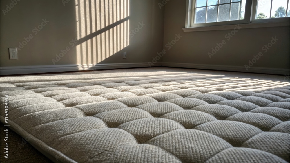 Poster Light plays off the creased surface of the carpet padding creating subtle highlights and shadows that emphasize its cushiony surface amidst the starkness of the room.