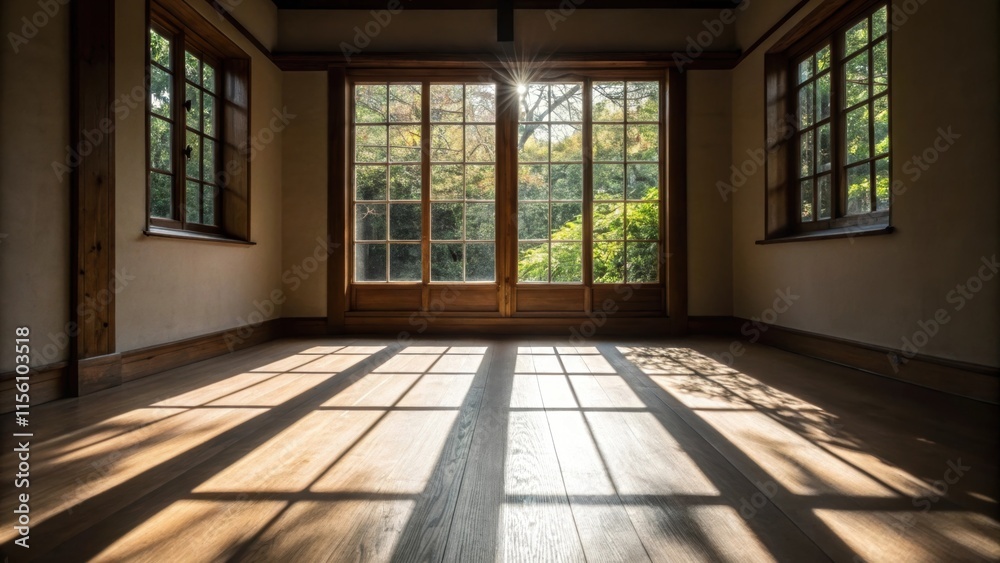 Aufkleber Light spills through a window casting delicate shadows across the floor while the untouched space carries a sense of potential energy ready to come alive with vibrant reflections.