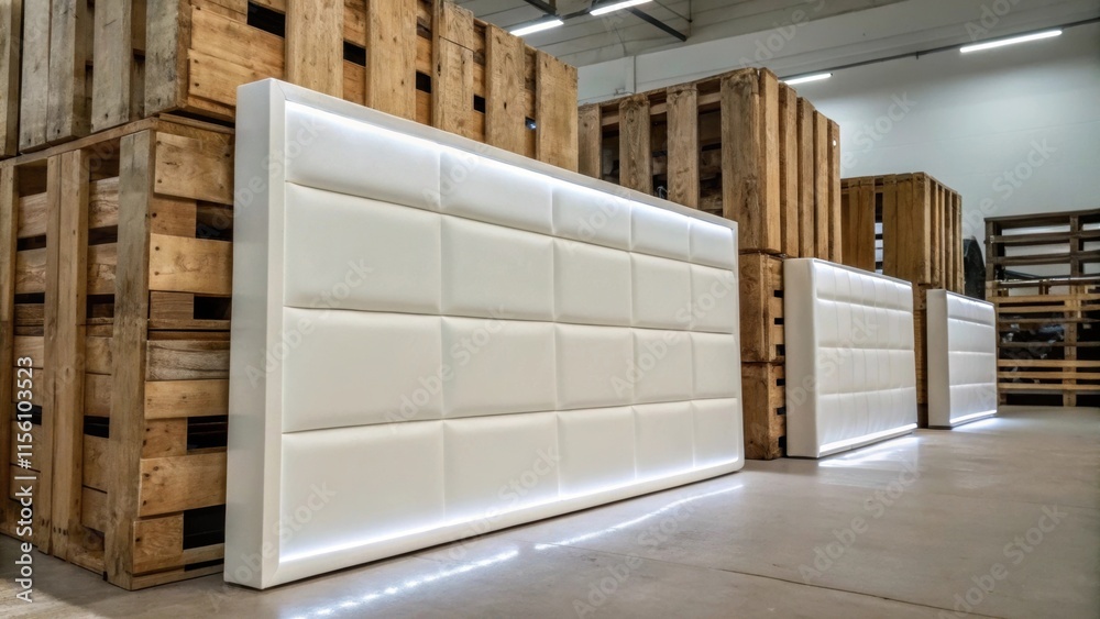 Poster luminous white wall panels with a satin finish are p against a backdrop of raw wooden crates providi