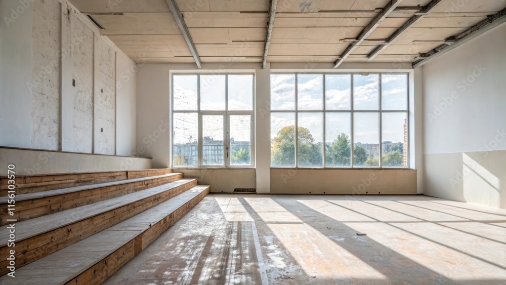 Poster Light floods through a large unadorned window illuminating the unfinished space that will soon feature integrated seating with floors showing old paint remnants.