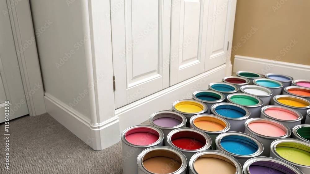 Poster Image capturing the scene of open paint cans on the floor beside the closet their colors hinting at potential new designs for the space.