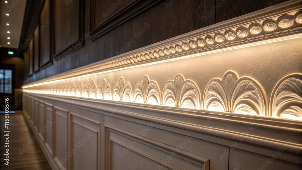 Poster intimate peek at a narrow strip of decorative molding displaying an elegant scalloped design bathed 