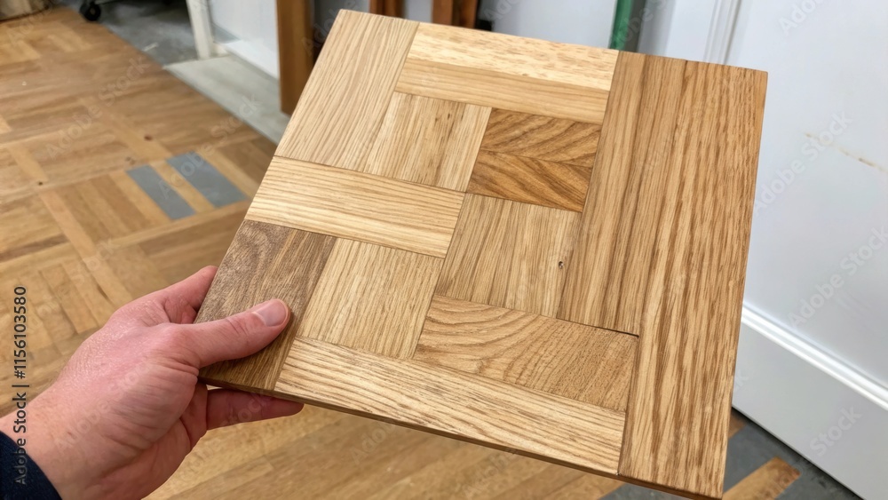 Poster highresolution image of a hand holding a wooden parquet piece with the unique grains and textures vi