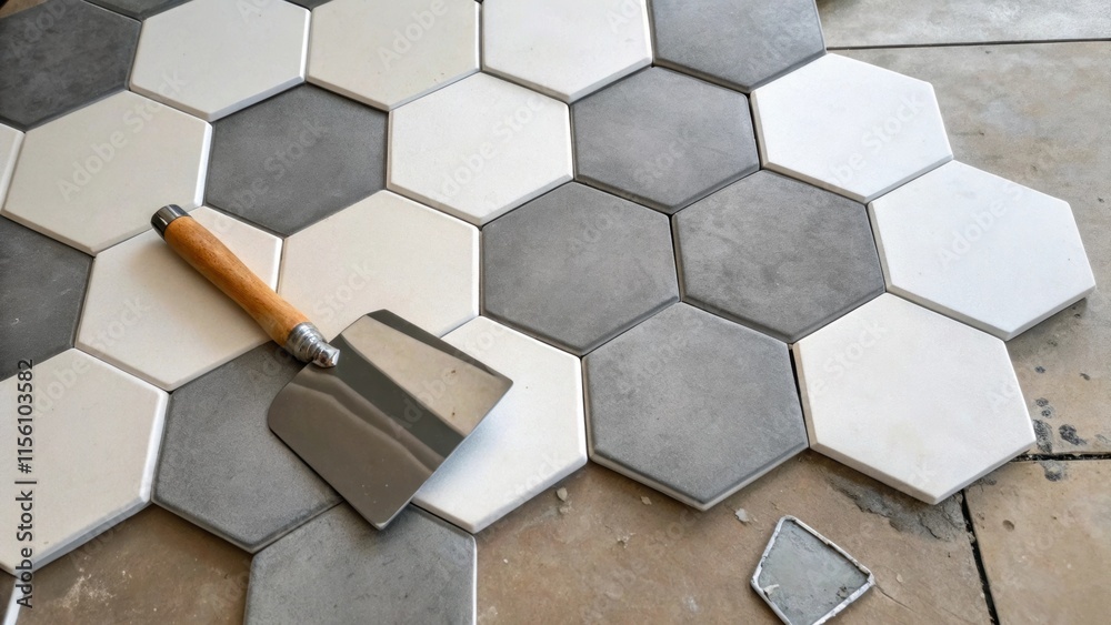 Poster Inprogress installation of hexagonal tiles featuring some misaligned pieces and visible space for grout with a trowel resting nearby indicating the ongoing work.
