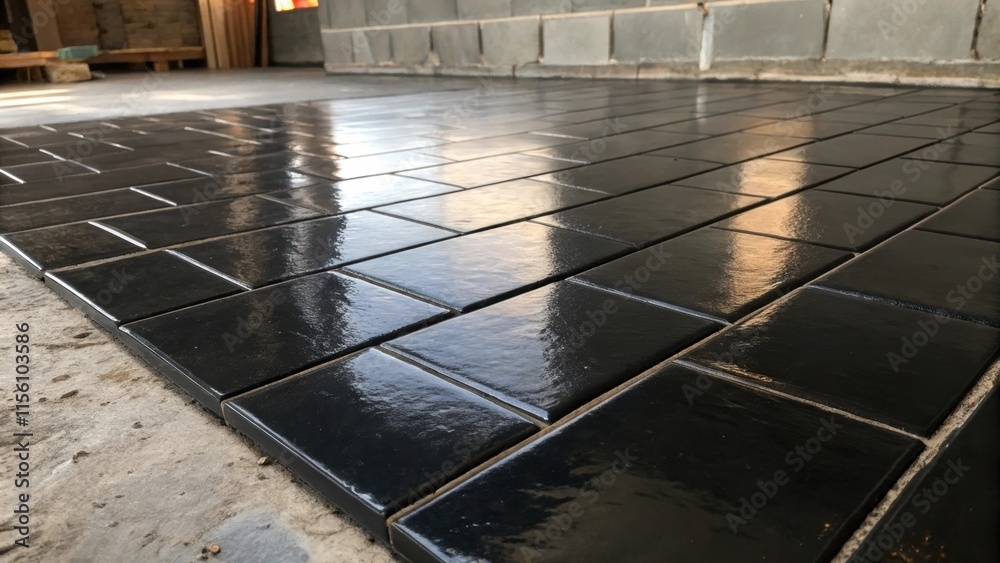 Poster horizontal view of glossy black tiles their surface reflecting ambient light contrasting sharply aga