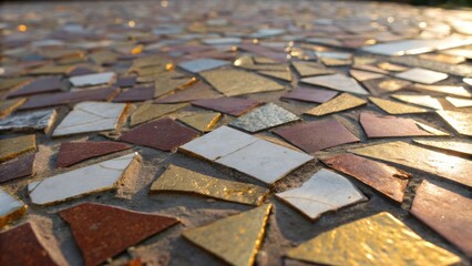 Jagged pieces of tile are closely intertwined creating a textured landscape of color and shape with some shards displaying faint streaks of gold and silver embedded within their