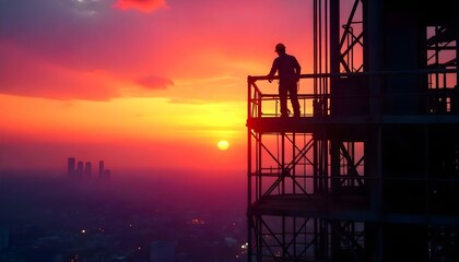 A silhouetted worker on skyscraper scaffolding at sunset with a cityscape backdrop.