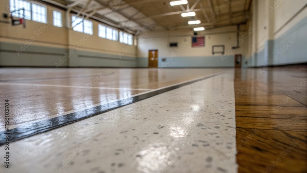 Aufkleber Extreme closeup of the floor marking with the edges of the outline slightly blurred emphasizing the smoothness of the surrounding flooring. In the background a partially removed