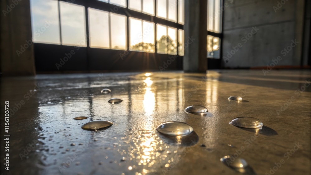 Poster Droplets of water rest on the shiny concrete floor creating a beautiful interplay of reflections as sunlight filters through a nearby window.