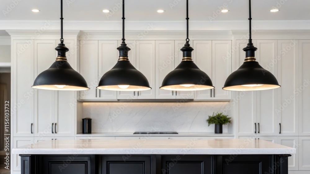 Poster elegant pendant lights in a matte black finish hang above a pristine white quartz countertop creatin