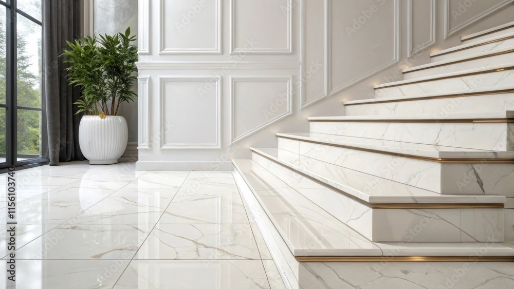 Poster elegant oversized porcelain tiles in a glossy finish stacked against a white wall reflecting hints o