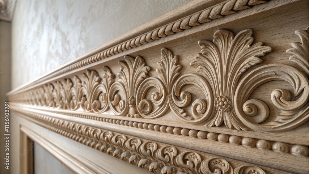 Poster Detailed view of the moldings surface spotlighting the interplay of light and shadow over its surface emphasizing the ornate patterns and the craftsmanship that breathes life into