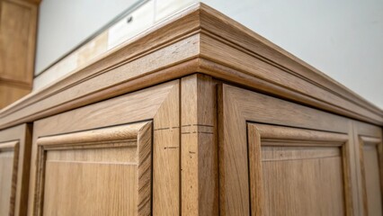Exposure of the cabinetry joints featuring visible gaps between pieces along with faint tool marks set against a plain untouched wall surface.