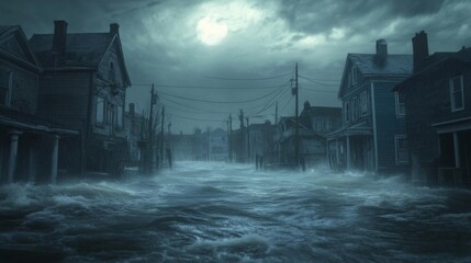 Fototapeta premium Rising Sea Levels in a Coastal Town Under Overcast Skies