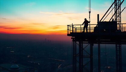 A silhouetted worker on skyscraper scaffolding at sunset with a cityscape backdrop.