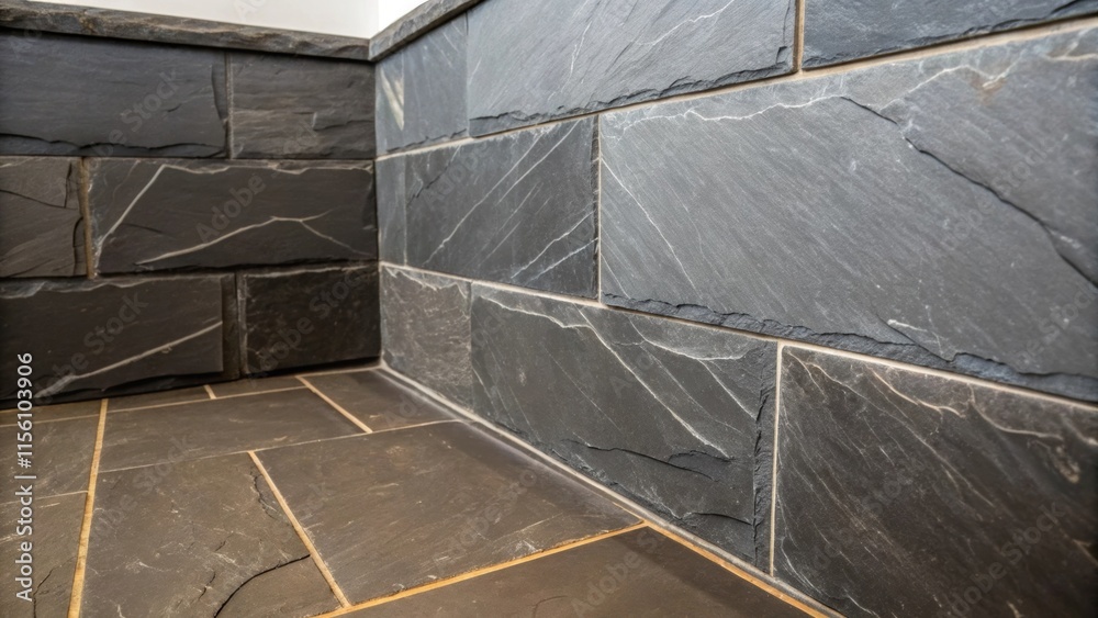 Poster Dark slate tiles with uneven edges create a dramatic contrast as they lean in a corner enhancing the architecture with their raw texture.