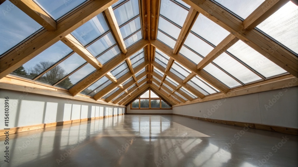 Poster crisp lines of wood surround the skylight with the protective plastic sheeting casting interesting s