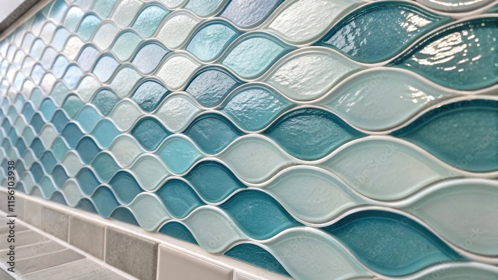 Poster cooltoned glass tiles in varying depths and textures arranged in a wave pattern that mimics ocean ri