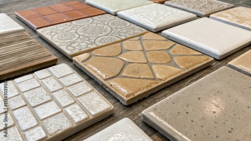 Aufkleber clustered together pieces of ceramic tile exhibit a variety of textures and finishes from smooth gla