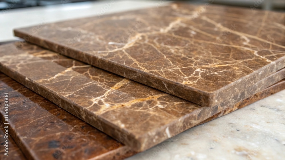 Poster Close view of rustic brown marble slabs featuring a rugged texture and irregular patterns suggesting an organic and earthy feel perfect for a charming kitchen.
