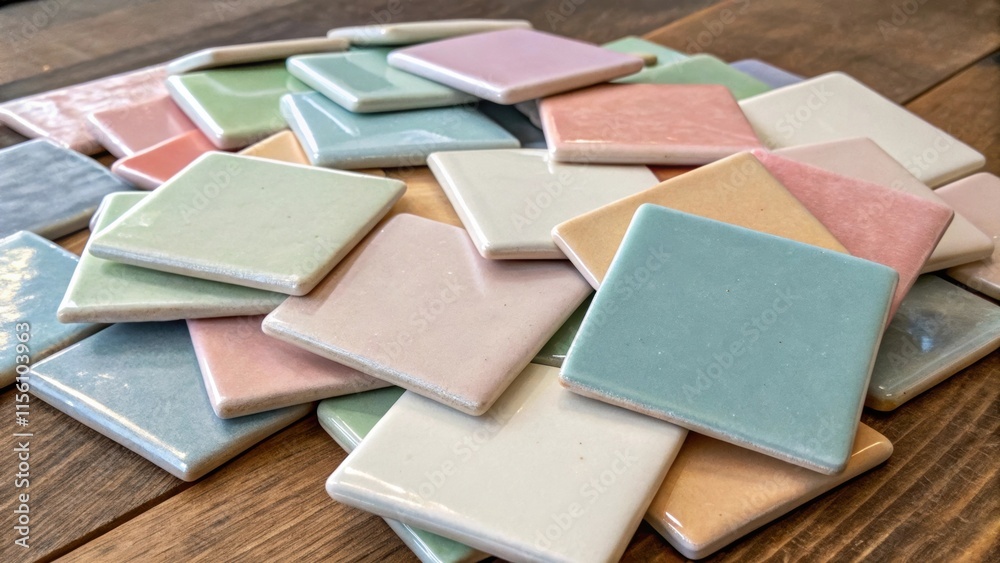 Aufkleber Collection of square mosaic tiles in soft pastels each piece slightly different creating a serene palette stacked in a chaotic yet harmonious manner on a wooden table.