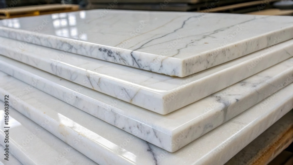 Poster Closeup view of a stack of pristine white marble tiles their reflective surfaces capturing intricate details of faint wispy gray patterns flowing through each piece.