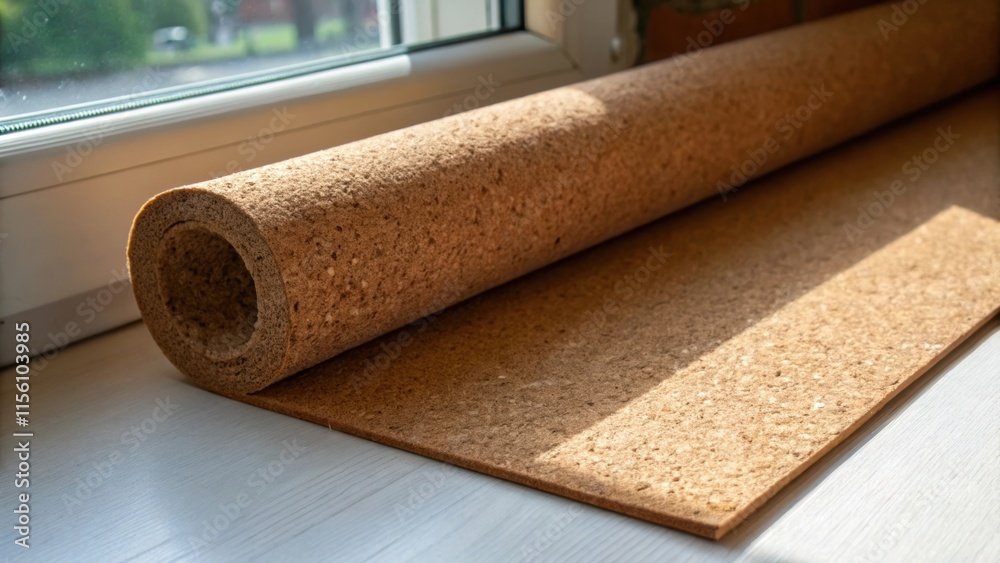 Leinwandbilder Closeup view of the edge of the cork roll revealing a seamless that highlights its thickness and resilient material beside a small patch of sunlight filtering through a window.