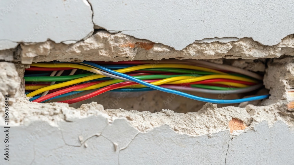 Poster Closeup view of a section of drywall with jagged edges exposing a of colorful electrical wires intertwined hinting at an ongoing renovation.