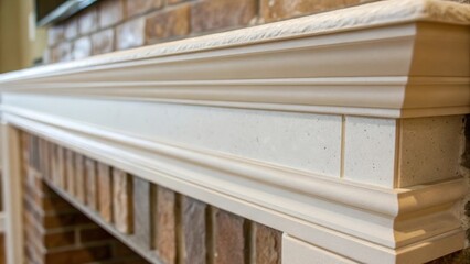 Obraz premium Close view of the mantel highlighting the subtle joint where it connects to the wall with caulk applied and waiting to be smoothed out for a flawless finish.