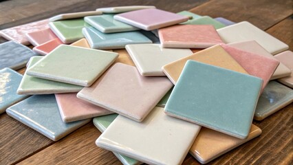 Fototapeta premium Collection of square mosaic tiles in soft pastels each piece slightly different creating a serene palette stacked in a chaotic yet harmonious manner on a wooden table.