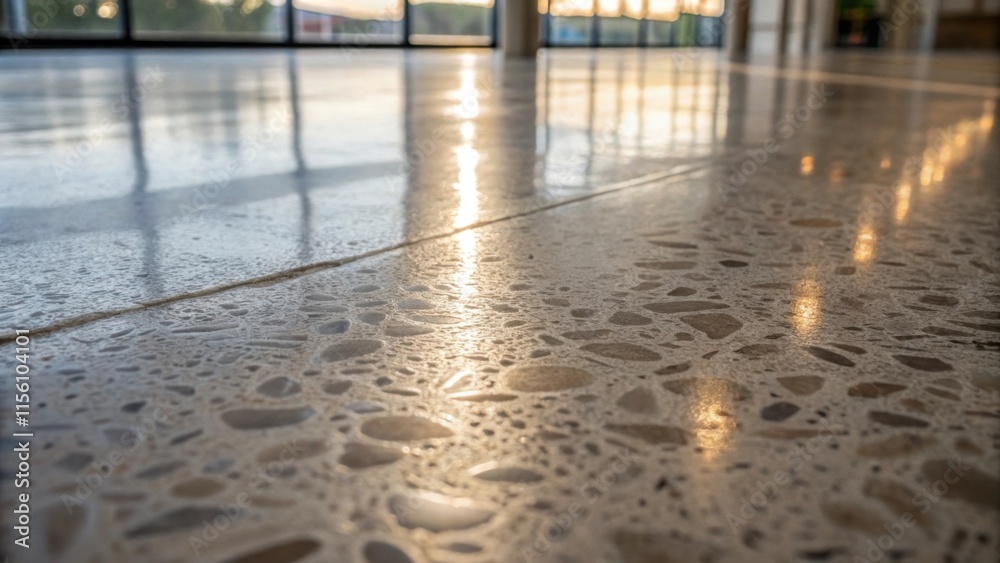 Poster Closeup of the polished concrete surface showing intricate patterns formed during the finishing process enhanced by the play of light and shadow across the faint imperfections.