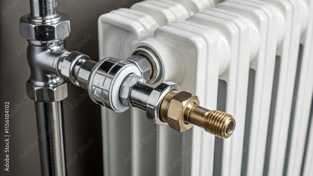 Poster closeup of the radiators intricate valve assembly showcasing a blend of metal and plastic highlighti