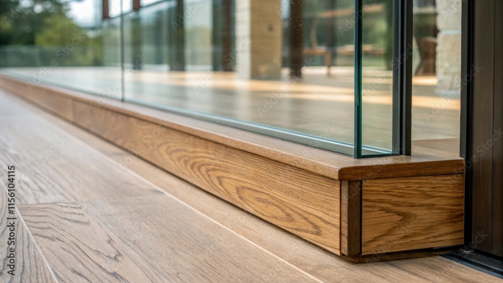 Poster closeup of the lower edge of the glass wall showing it resting gently on a wooden threshold with gra